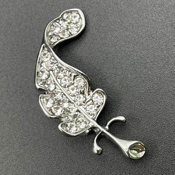 Silver with White Diamond Crystal Single Feather Pin Back Brooch - Picture 1 of 9